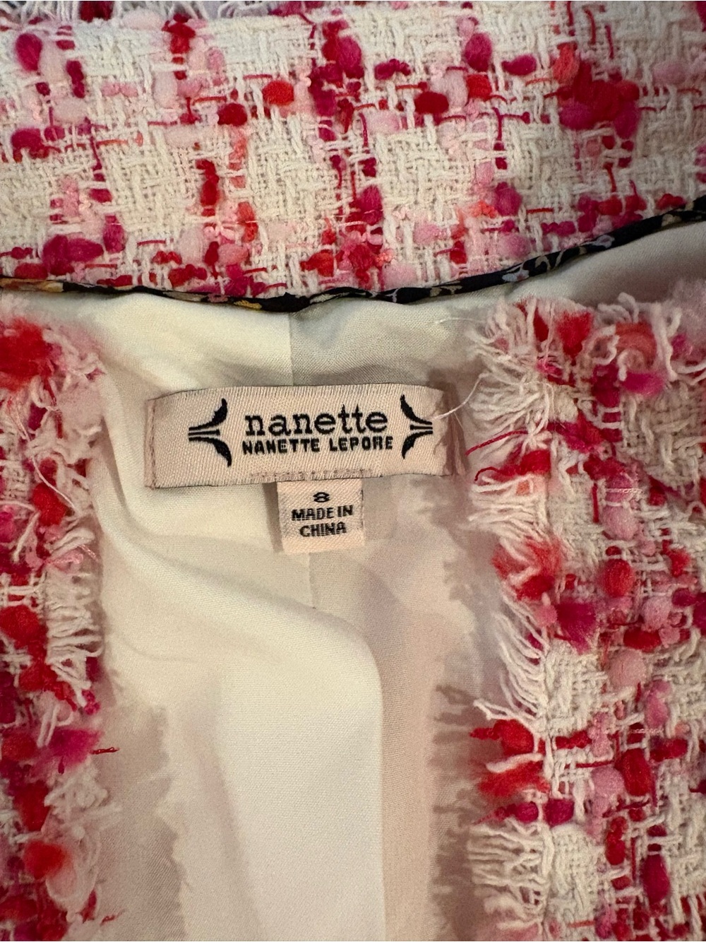 Nanette Lepore Pink Red Tweed Open Front Blazer Pearl Buttons SZ 8 - Picture 3 of 4